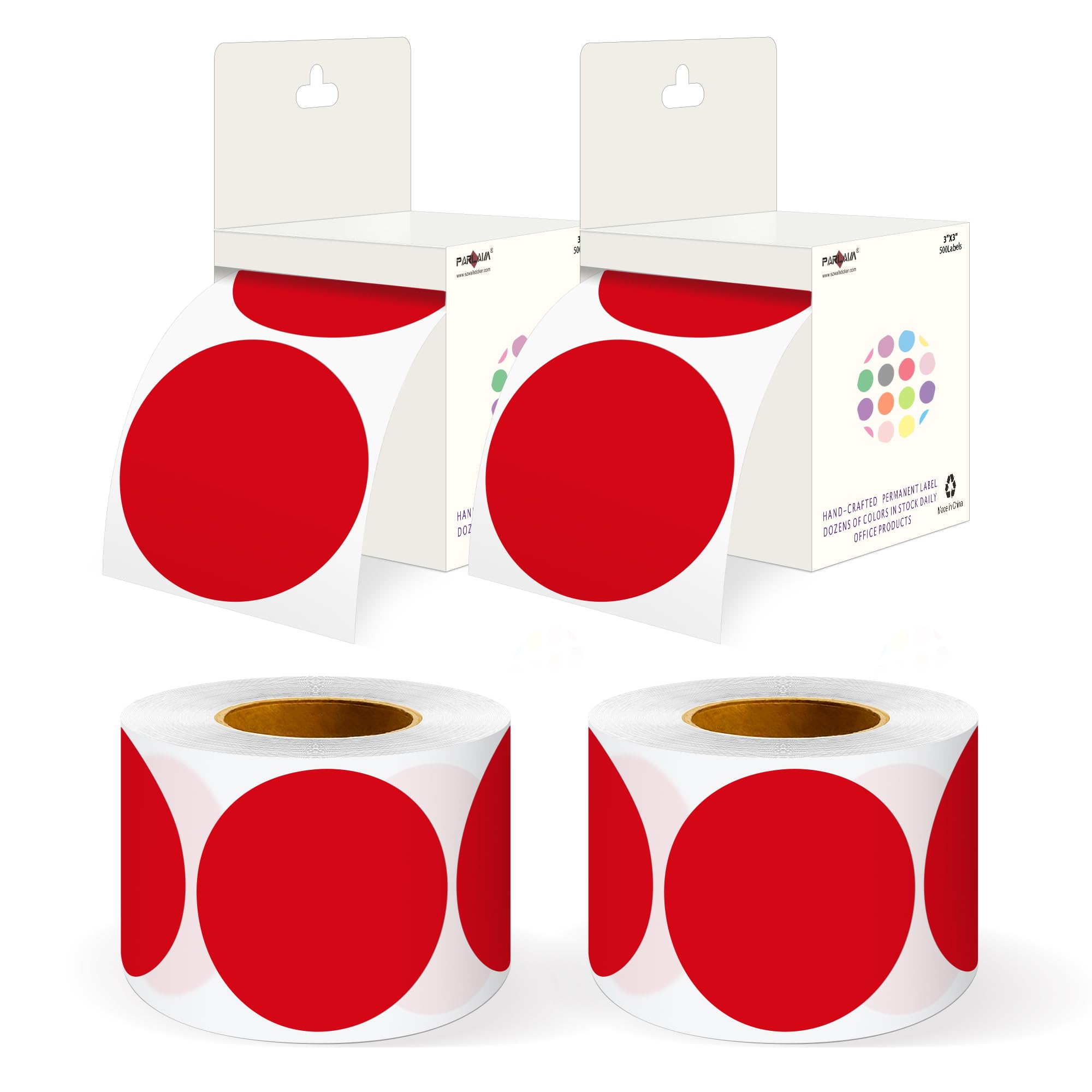 PARLAIM 3" Diameter Round Red Color Coding Sticker, 4 Rolls 2000PCS Circle Dot Label,Permanent for Inventory Box Labeling