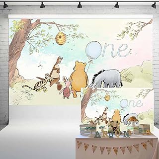 Classic Pooh Bear Backdrop Baby Boy 1st Birthday Decorations Watercolor Tree Sky Blue Balloon Vintage Background Banner for Dessert Table 5x3 ft 148