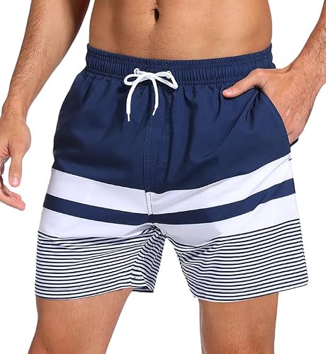 Image of SILKWORLD Mens Swimming Shorts Quick Dry Swim Trunks with Mesh Lining Stretchy Breathable Swimsuit 3 Pockets, Blue Stripe, XL