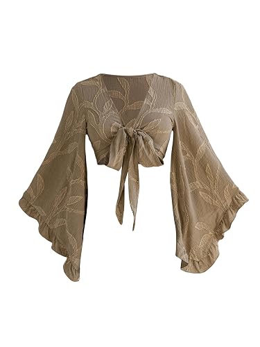 BEAUDRM Women's Boho Tops Wrap Western Country Concert 70s Outfits Tie Front Long Bell Sleeve Tops Hippie Disco Clothes - Medium - Light Khaki