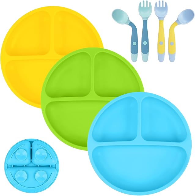 Vicloon Baby Suction Plate, 3Pcs Silicone Baby Suction Plates, Non Slip Silicone Baby Weaning Plate, Divided Dishes for Toddler Kids Self Feeding, Fits for Most Highchairs Trays