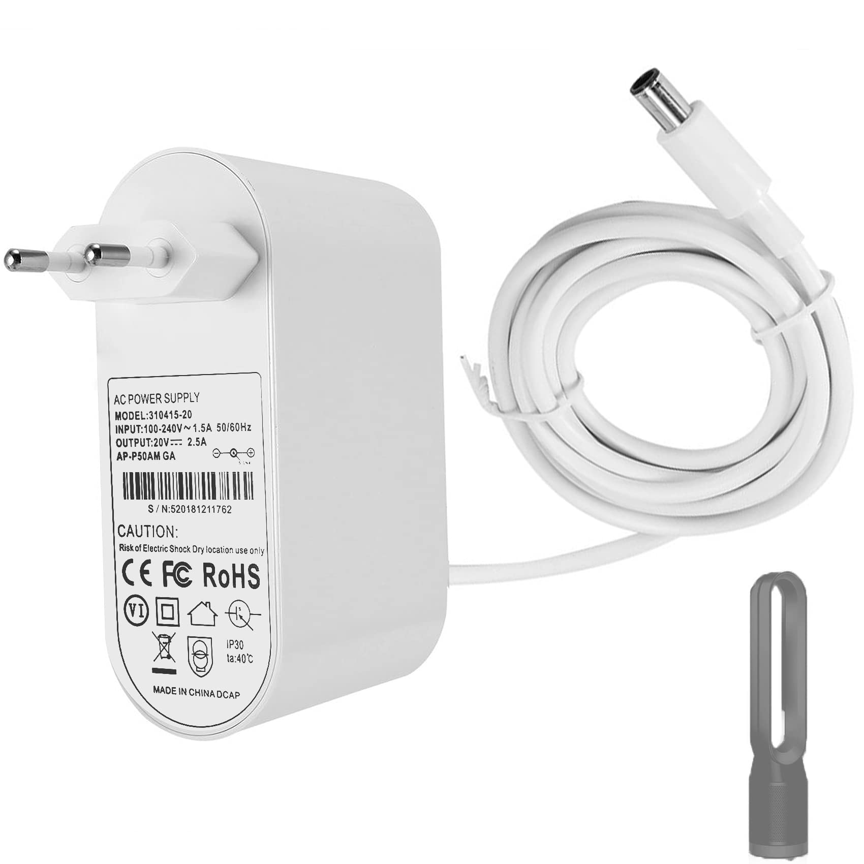 20V Netzteil Ladegerät für Dyson Ventilator/Luftreiniger TP04 TP05 TP06, DP04 BP01 PH02 PH04 PH09, Ladegerät 20 V 50 W Ersatzkabel 1,85 m 281831-05, 310415-20