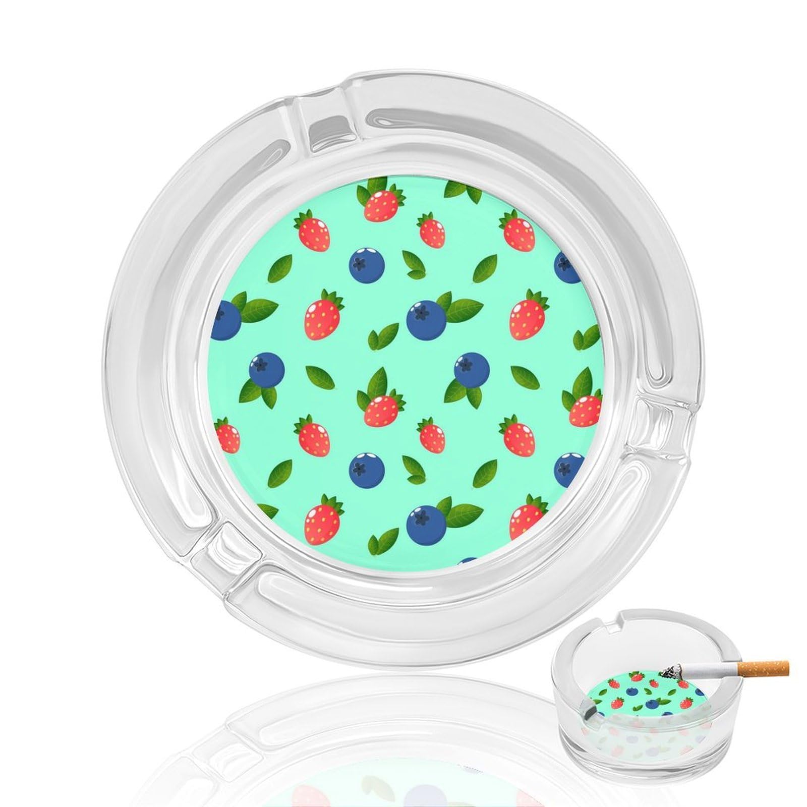 Strawberry Blueberry Leaves Glass Ashtray 3.3 Inch Round Cigarette Ash Holder with 4 Grooves for Home Office Outdoor One Size