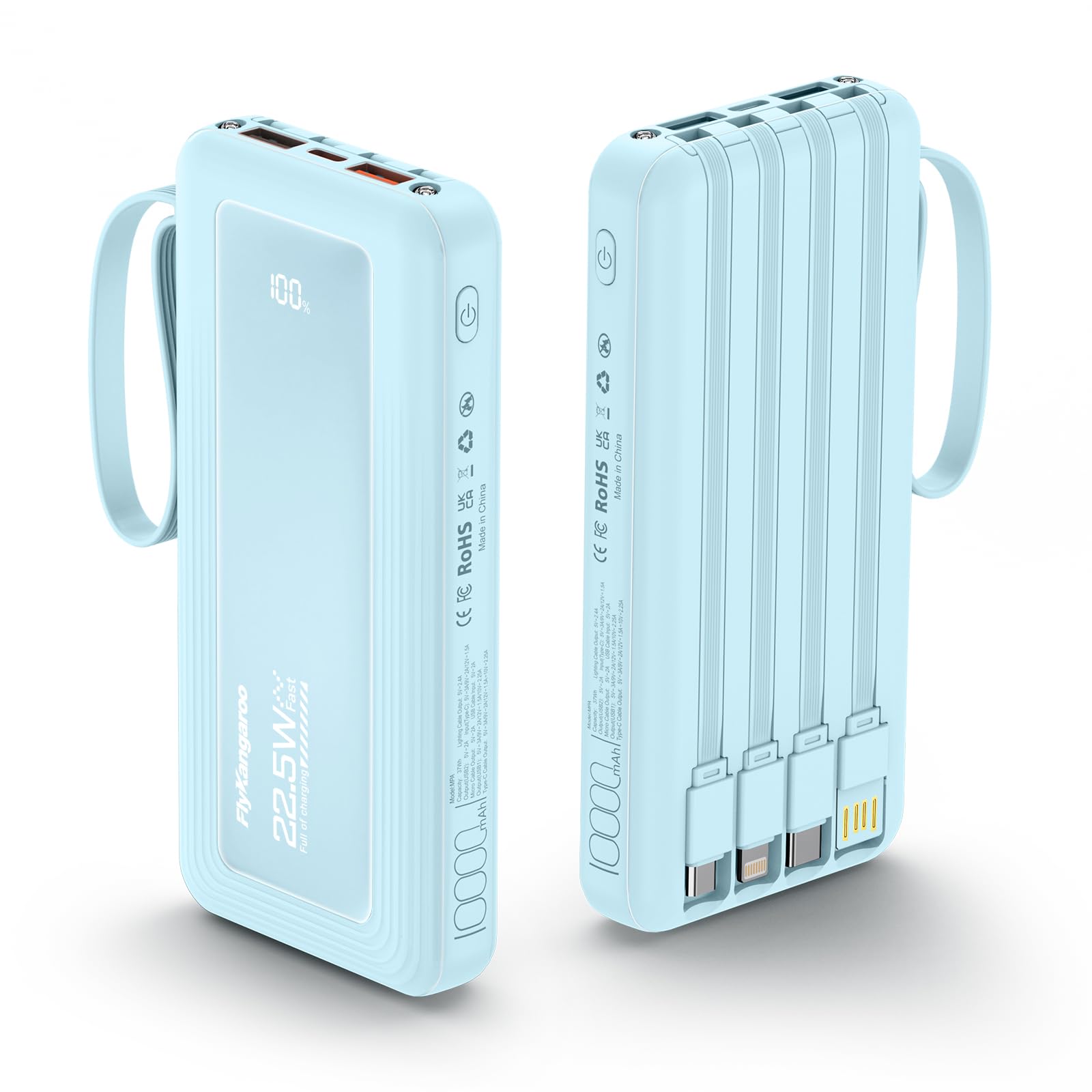 Portable Charger with Built in Cables, Slim 10000mAh Fast Charging 22.5W Power Bank USB C LED Display Battery Pack 6 Outputs & 2 Inputs for iPhone Samsung Pixel LG Moto iPad