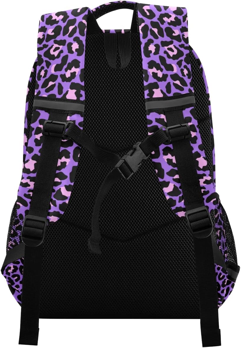 MNSRUU School Backpack with Chest Strap, Neon Purple And Pink Leopard Laptop Backpack, Travel Hiking Backpack for Boys Girls, Rucksack, Knapsack - Image 2