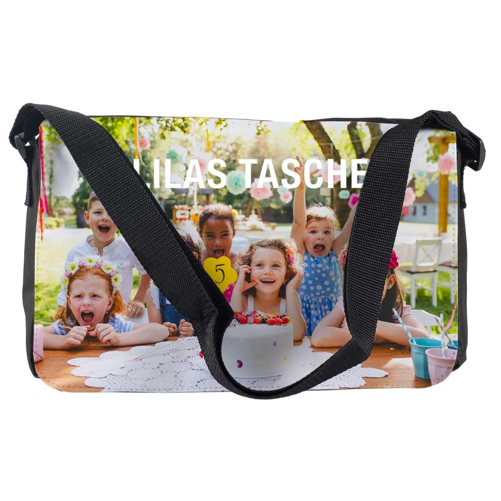 Ocadeau Fototasche mit eigenem Foto - Schultertasche mit bedruckbarer Frontklappe - Schwarze Tasche mit Foto zum Selbstgestalten