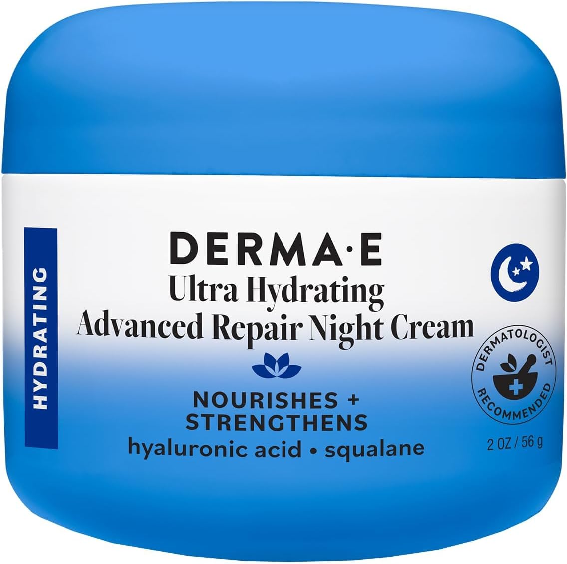 Derma E Ultra Hydrating Night Cream, Advanced Repair Overnight Face Moisturizer with Hyaluronic Acid to Replenish, Smooth and Nourish Skin, 2 oz