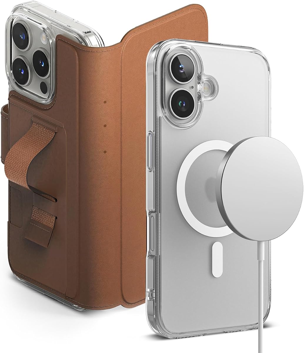 Ringke Bundle [Wallet + Case] for iPhone 16 Plus : Folio Grip Wallet Magnetic [Brown] + Fusion [Magnetic Matte Clear]