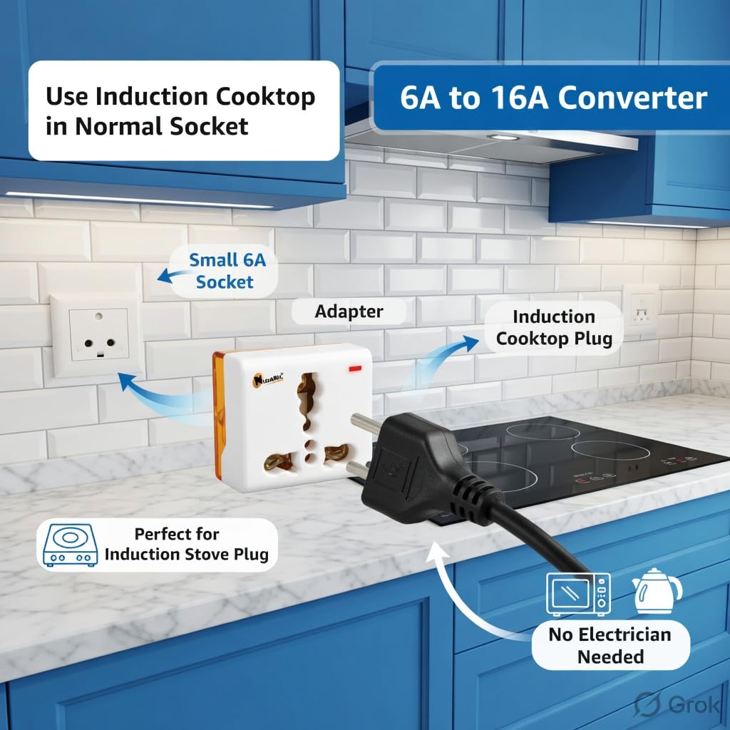6A to 16A Converter Adapter Plug | Induction Cooktop Plug Adapter | 5A to 15A Socket Converter with Indicator | Converts Small 6A Socket to 16A Plug for AC, Geyser, Microwave & Appliances — Amazon image 3