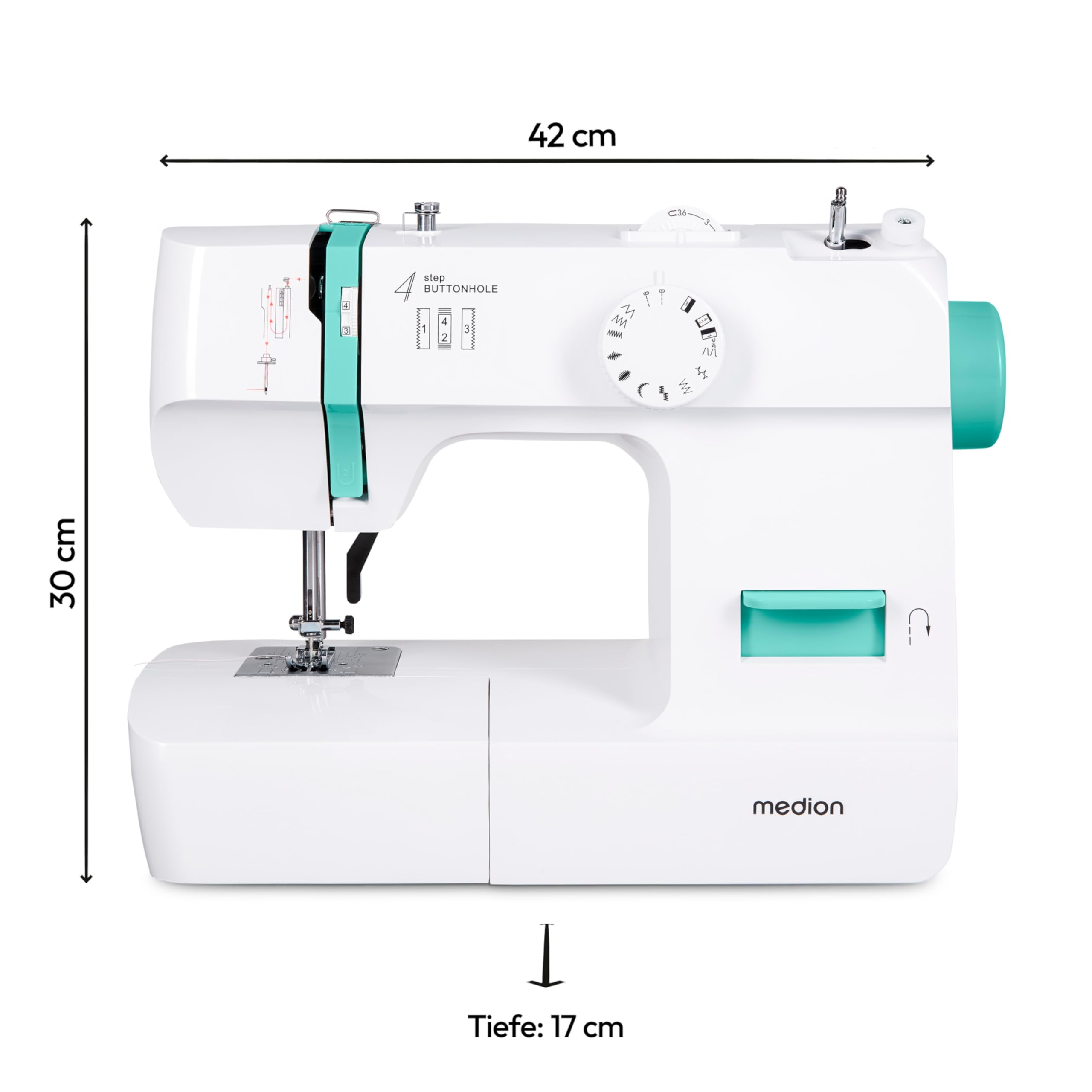 MEDION Nähmaschine SM70 (70 Watt, 12 verschiedene Stichmuster, LED-Nählicht, verstellbare Stichlänge, Rückwärtstaste, Fadenabschneider, MD11179) türkis