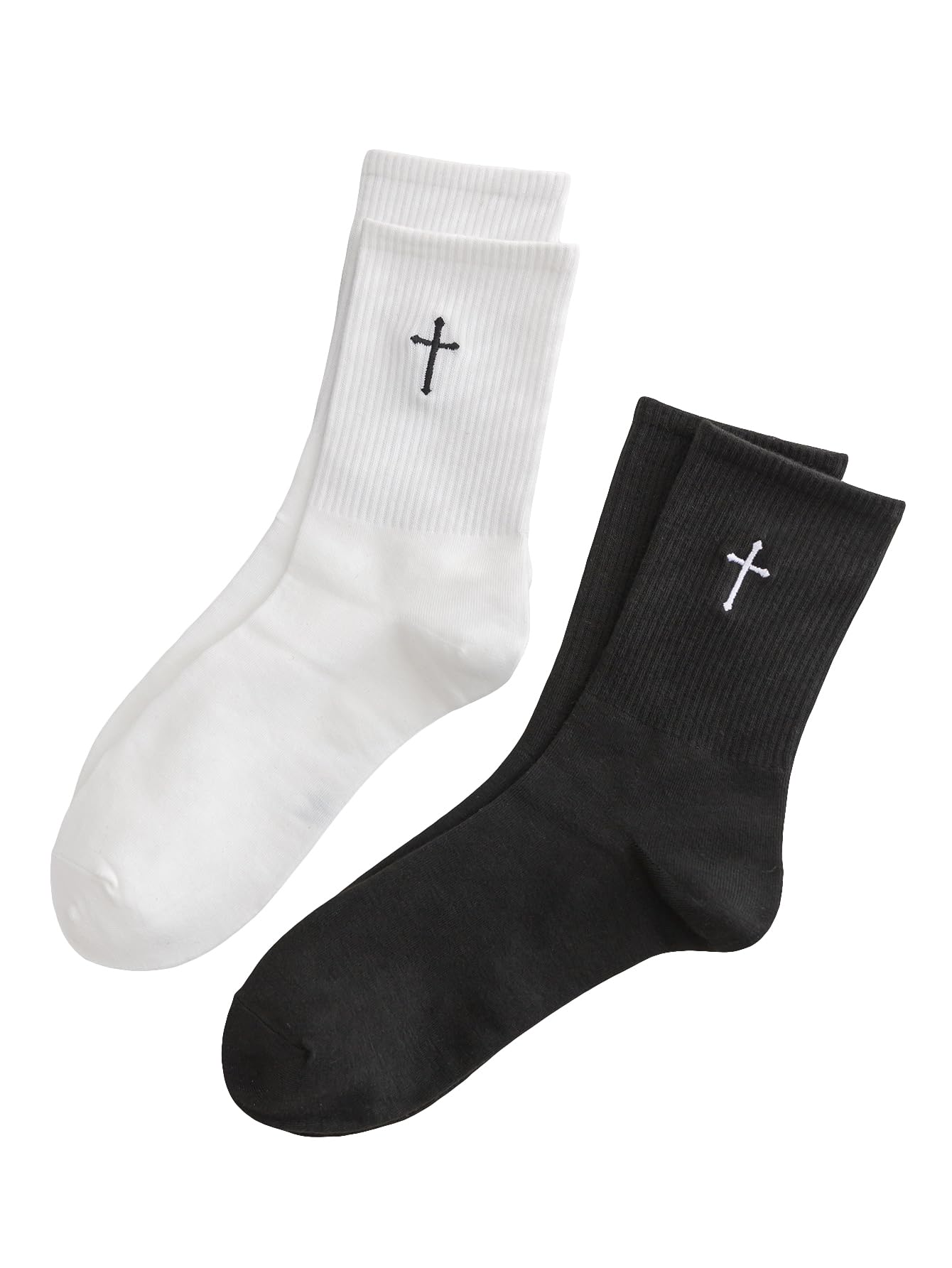 Men's 2 Pairs Cross Print Embroidered Geo Crew Socks Knit Soft Daily Socks