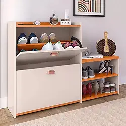 Sapateira Banco 2 Gavetas Basculantes Moderna Pares Sapatos Para Quarto Hall de Entrada- Off White/Cinamomo
