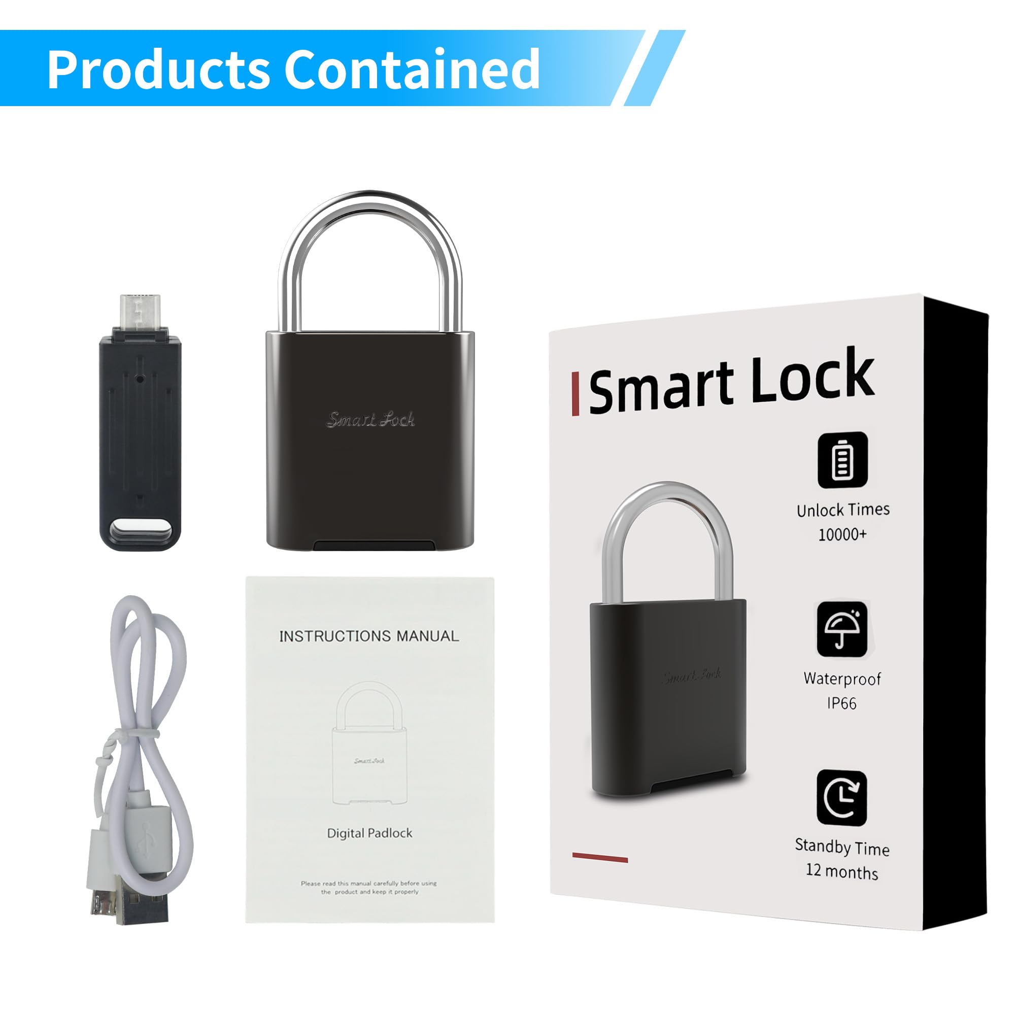 Candado con huella digital, biométrico padlock, candado inteligente con llave de emergencia, candado impermeable para taquillas de gimnasios, escuelas, piscinas y campos deportivos