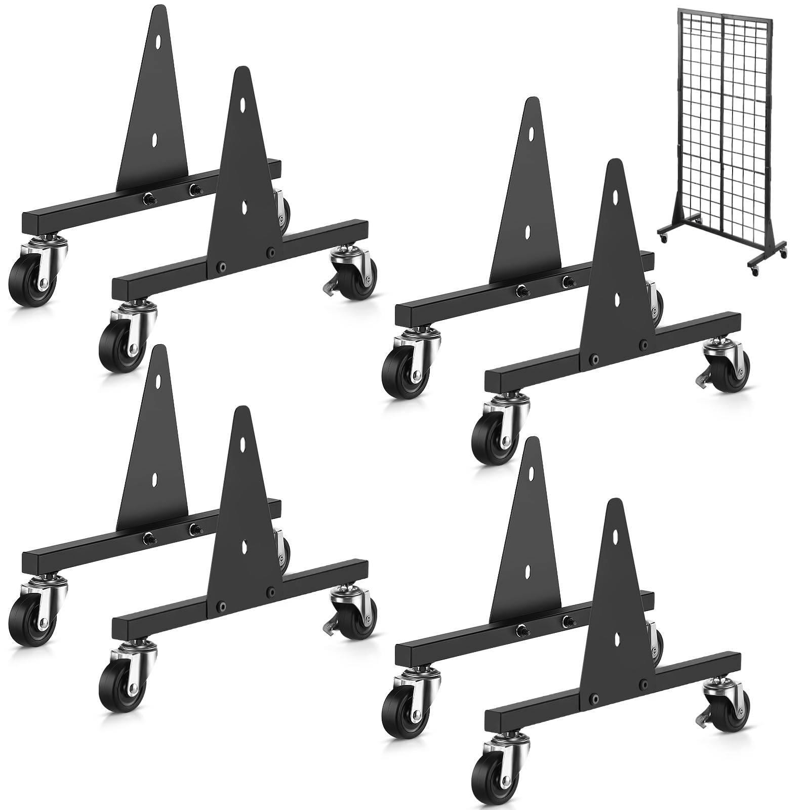 4 Pairs Grid Wall Display Legs Metal Triangular Base with Casters Wall Grid Panel Support Base Black Gridwall Accessories for Trading Wall Display Rack