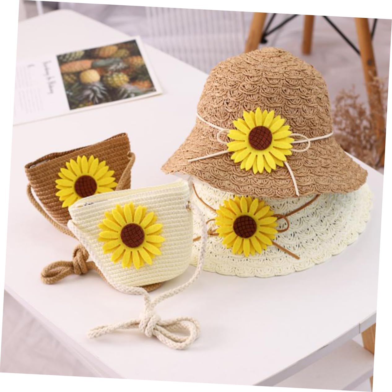 FRCOLOR Strohhut für kindermütze Kappe adventsgeschenke caps für kindergeschenk gewebter Sonnenhut Kleinkinder Strandtasche Aufbewahrungstasche aus Stroh Weiß