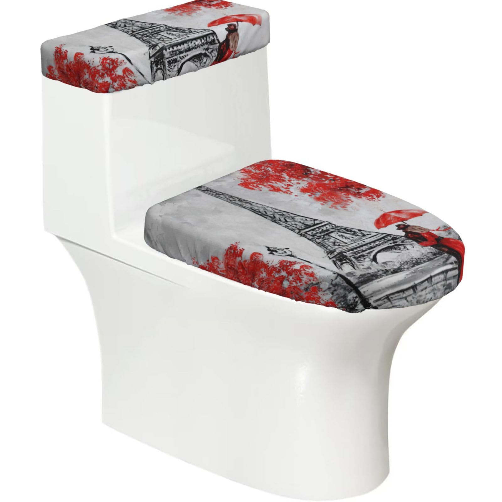 Eiffel Tower Paris Painting Print Stretch Toilet Covers Set, Polyester Covers Replacement For Fits Most Size Lids Bathroom Decor