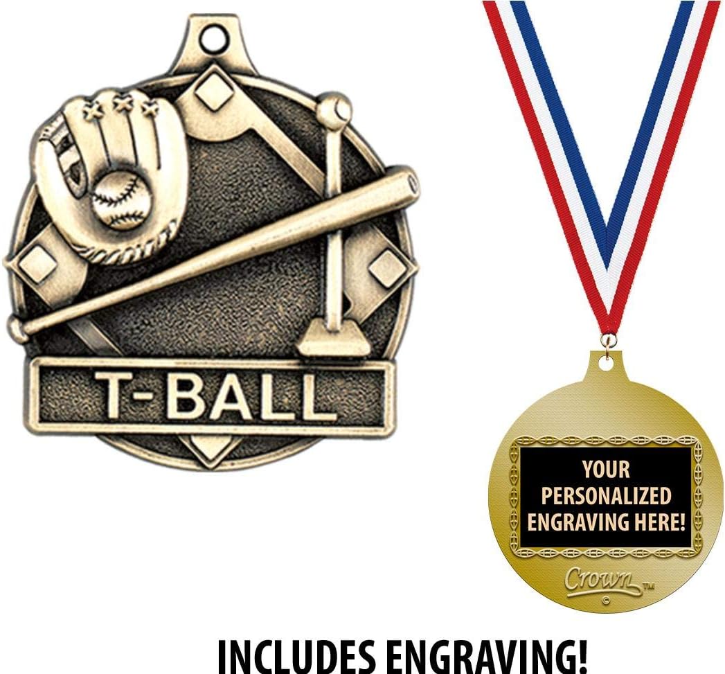 T-Ball Medals, 2" Gold Kids T-Ball, Baseball Medal Award with Free Custom Engraving
