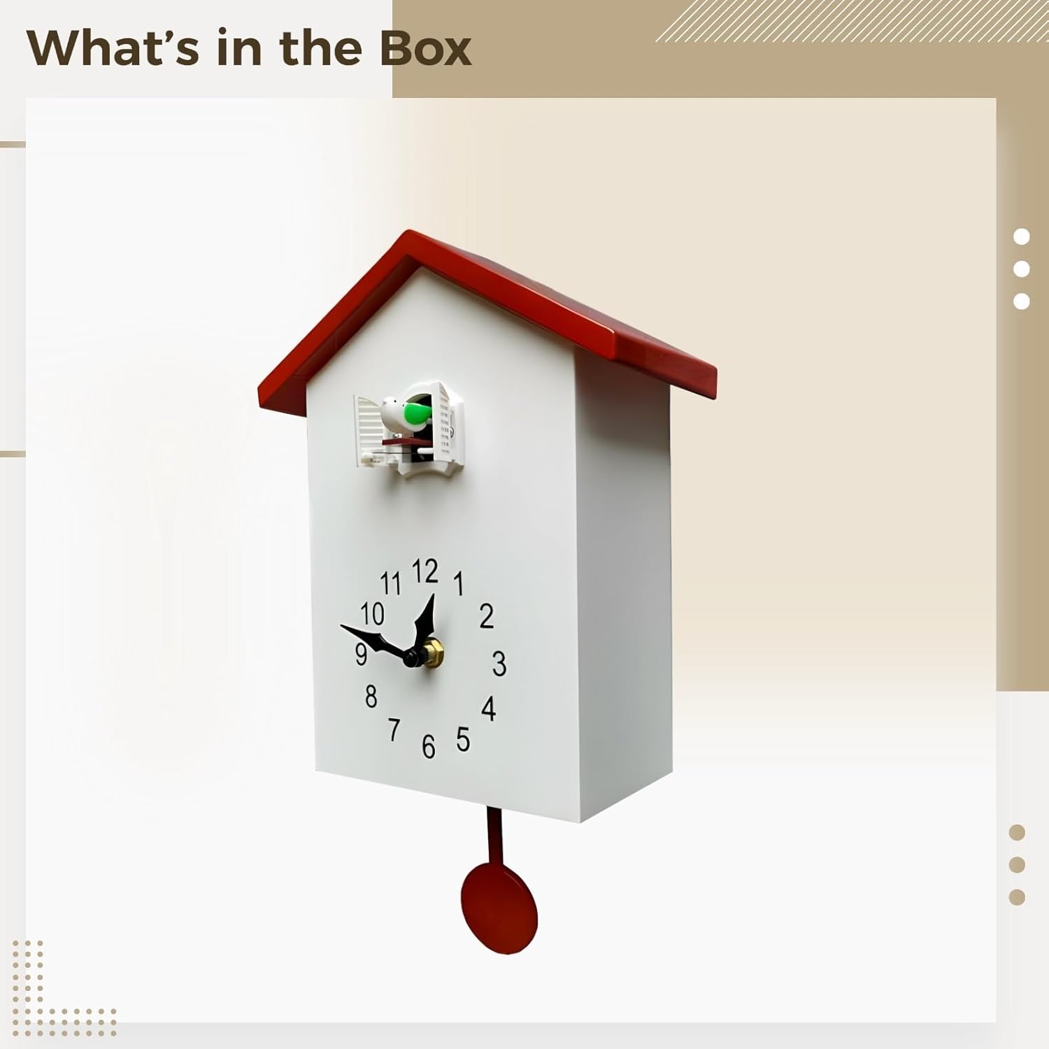 Cuckoo Clock With Bird, White With Red Roof, 32.5 Cm X 20 Cm X 9 Cm, Elegant Pendulum, Requires Three C Batteries