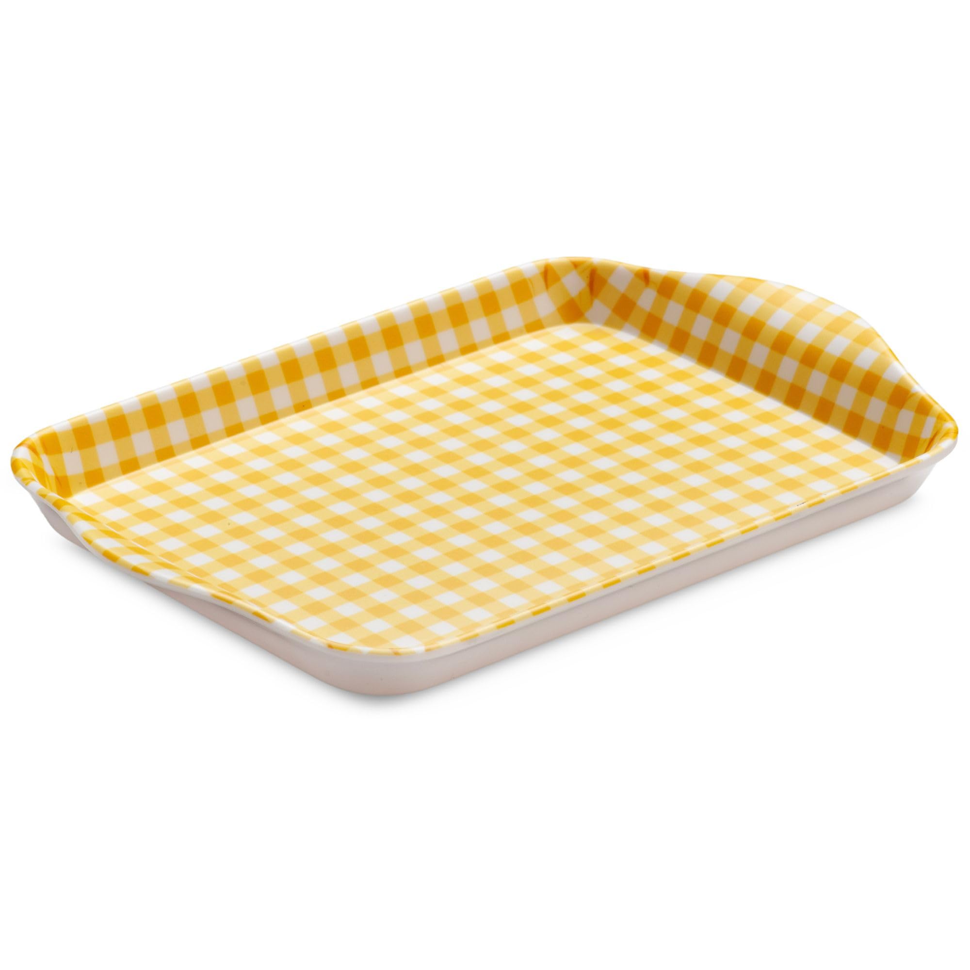 Zeal Mini Serving Tray, Small Melamine Tea & Coffee Tray, Gingham Pattern Snack & Drinks Tray with Raised Handles, BPA Free, 18 x 14cm (Mustard)
