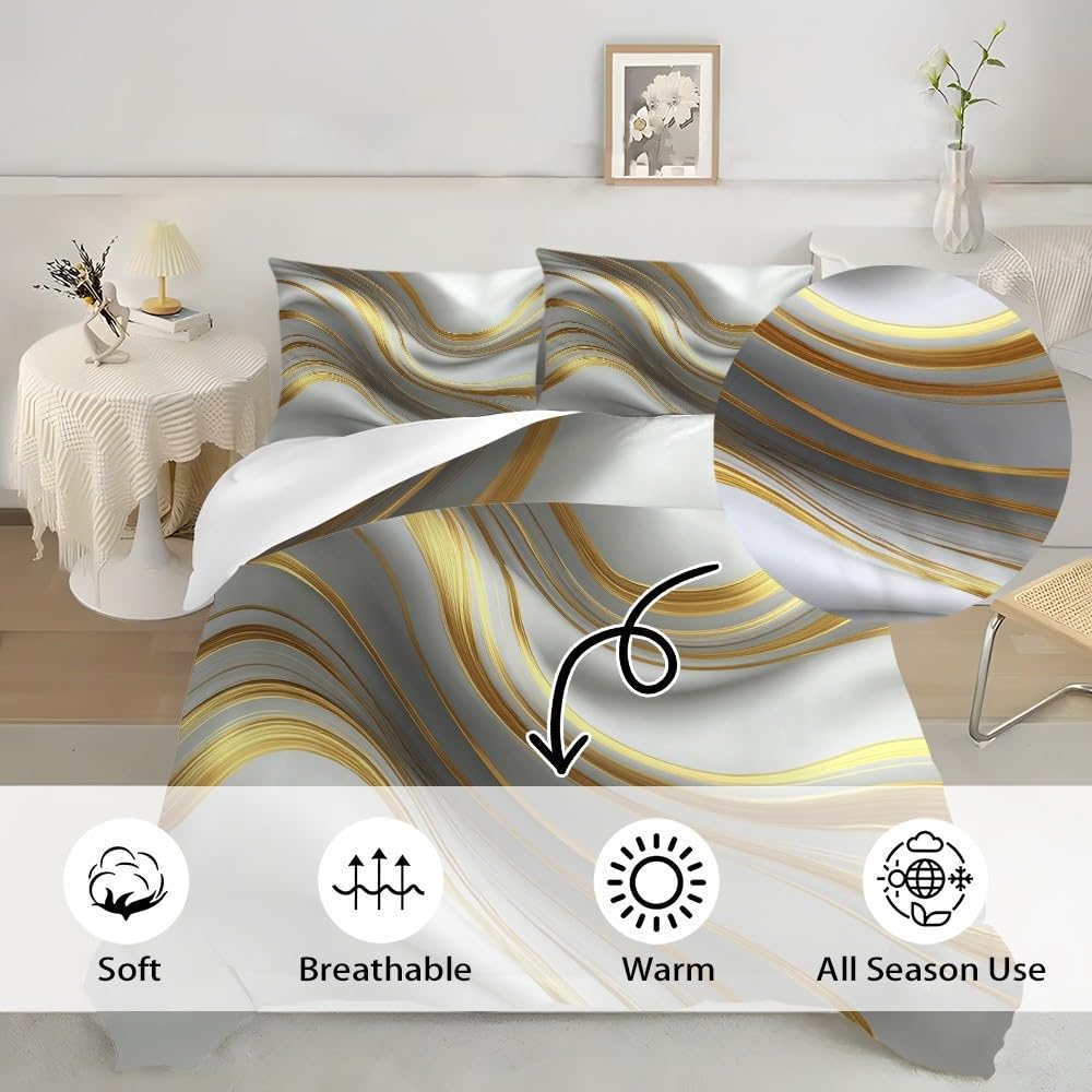 Copripiumino 155x200 cm Oro 3 pezzi, microfibra ipoallergenica | Chiusura a cerniera con 2 federe 50x80 cm Astratto Lussuose Onde di Marmo morbido e adatto a bambini e adulti