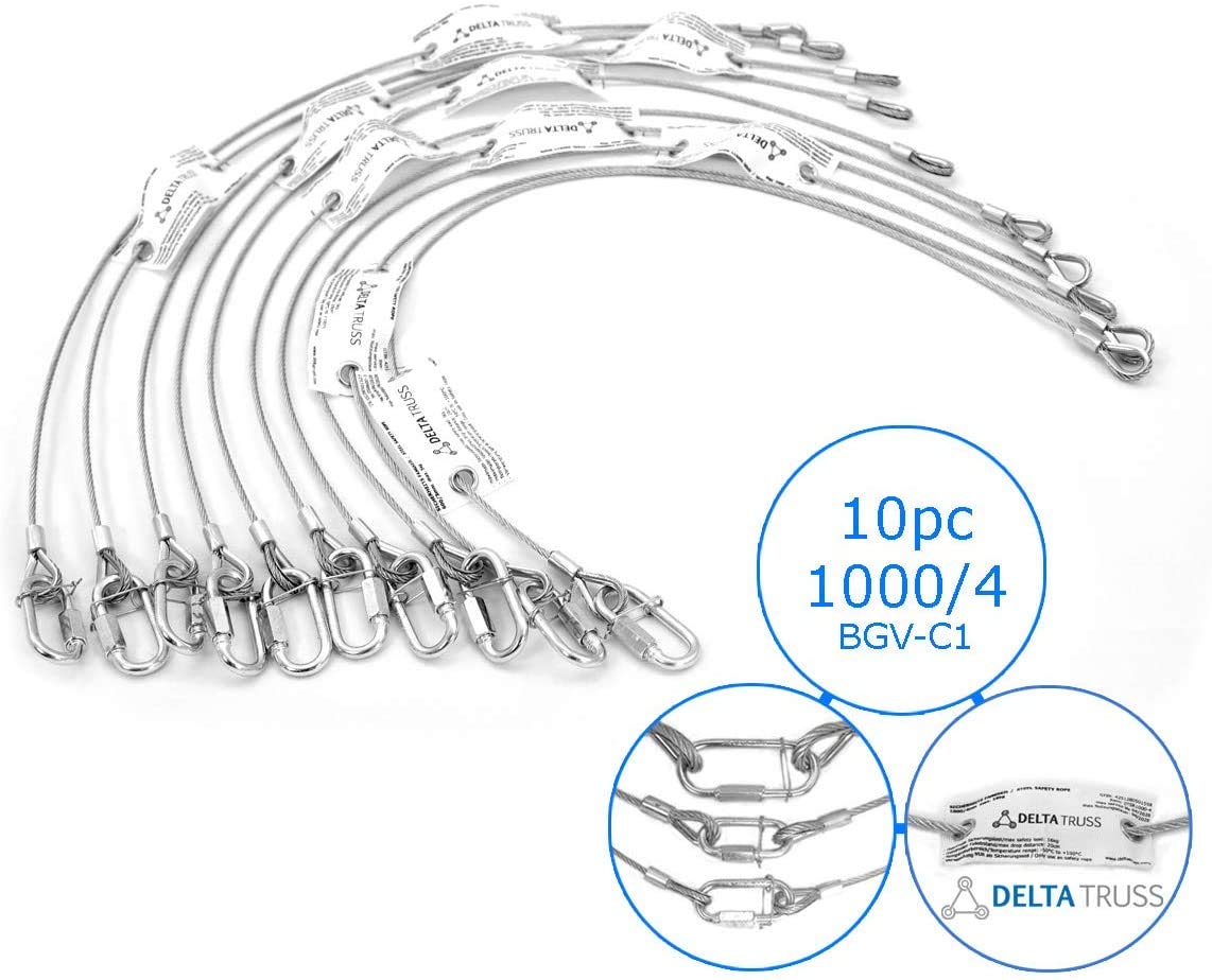 10 x Sicherheitsfangseil 1000x4mm 10er Set Safety bis 16kg Sicherungsseil gefertigt nach DGUV 115-002 (ehemals BGV-C1) zur Sicherung von Lasten über Personen Fangseil (1000/4 mm)