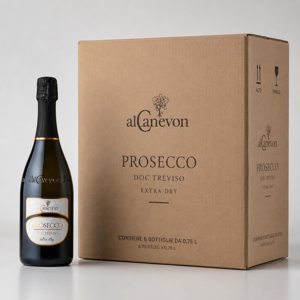 Prosecco DOC Treviso Extra Dry Al Canevon – Confezione 6 Bottiglie da 750 ml con 6 Calici Omaggio – Vino Spumante Italiano, Ideale per Aperitivo, Brindisi e Regalo