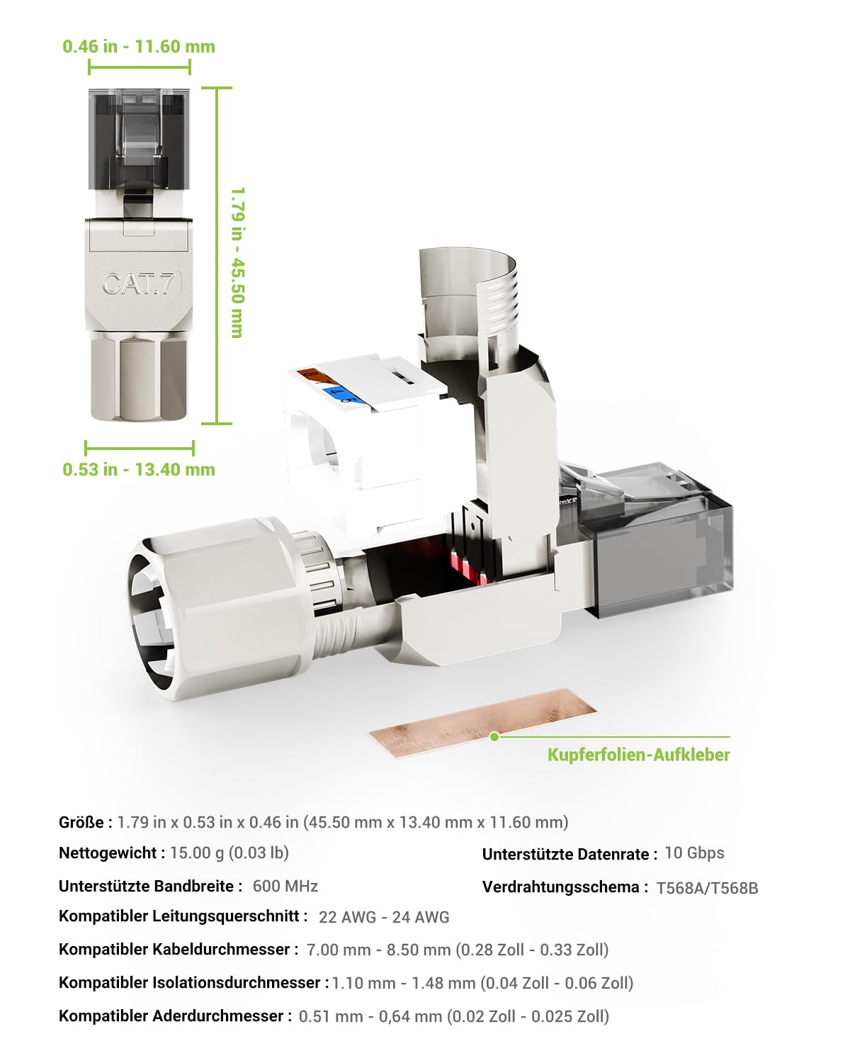 Netzwerkstecker Cat7 Werkzeuglos, 10 Gbit/s 600 MHz, Geschirmt RJ45 Stecker Werkzeuglos POE für Cat7 Cat6A Verlegekabel, Vergoldet lan stecker cat 7 werkzeuglos, Wiederverwendbar, 8 Stück, Grau