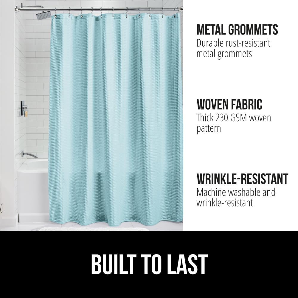 GORILLA GRIP Waffle Shower Curtain, Thick Weighted Fabric, Wrinkle and Rust Resistant, Classic Hotel Quality Design, Heavy Duty Long Curtains for Bathroom Showers Bath Tubs Machine Wash 72x72 Spa Blue