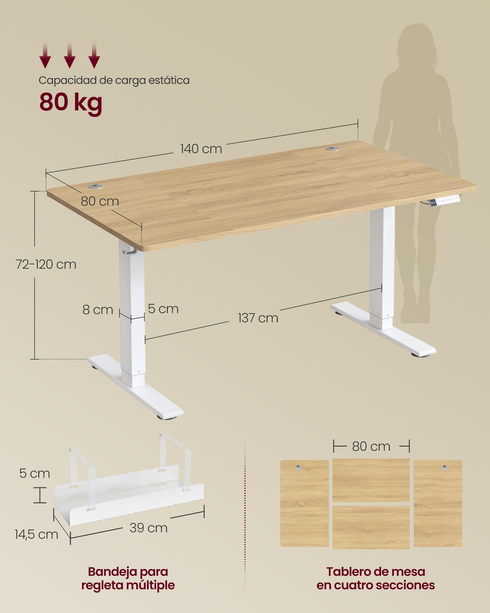 VASAGLE Scrivania Regolabile in Altezza, 140 x 80 cm, Porta USB-C, Mensola per Ciabatta Elettrica, Promemoria per Sedentarietà, 3 Tasti di Memoria, per Ufficio, Rovere Dorato LSD144YA02