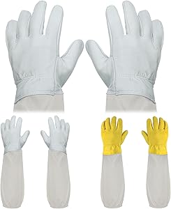 ANPHSIN 2 pairs Long Goatskin Beekeeping Gloves for Beekeepers - Protected Leather Gloves, Beekeeping Supplies, White/Yellow
