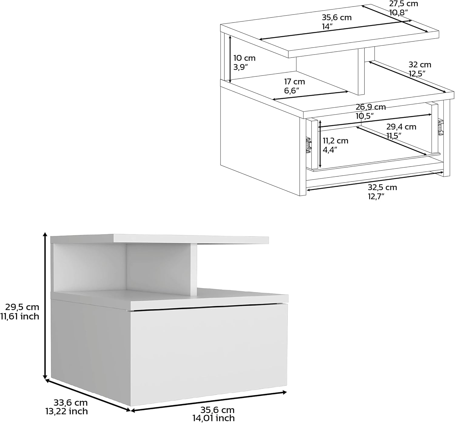 Depot E-Shop Seward Floating Nightstand, Wall Mounted with Single Drawer and 2-Tier Shelf, 12" H, White, Bedroom