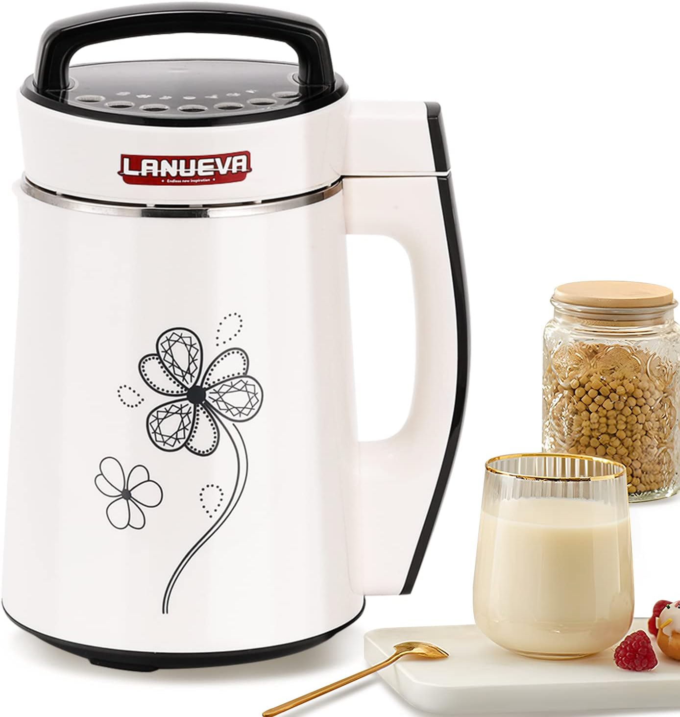 LANUEVA Soy Milk Maker Machine 1.3L/44OZ, 8 In 1 Nut Milk Maker for Dry Wet Soybean, Almond Milk, Vegan Nut Milk, Oat Milk, Smoothies, Porridge, Paste, Juice, Self-Cleaning, Include Recipe, 110V