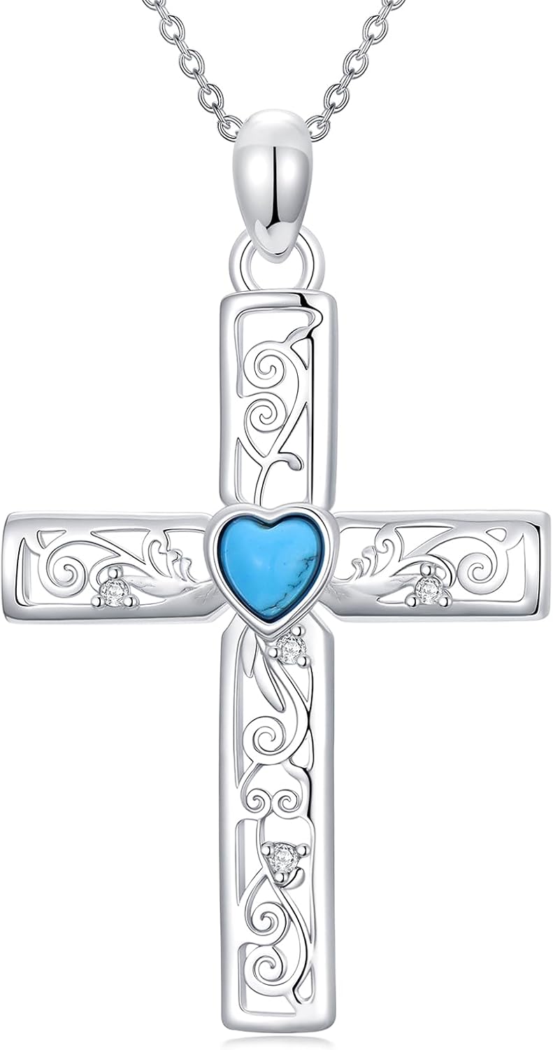 Moissanite Cross Necklaces for Women, 925 Sterling Silver Turquoise Cross Pendant Necklaces, Dainty Moissanite Cross Choker Necklace Religious Jewelry Anniversary Birthday Christmas Gift for Women Mom Wife
