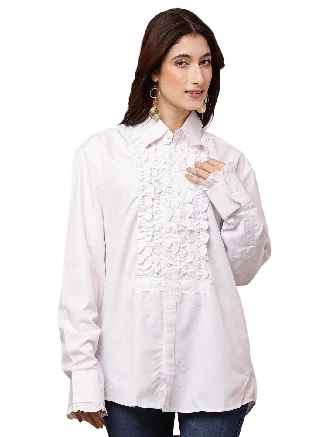 nobarr Women's Cotton Full Sleeve with Shirt Collar Ruffle White Shirt-picture-20
