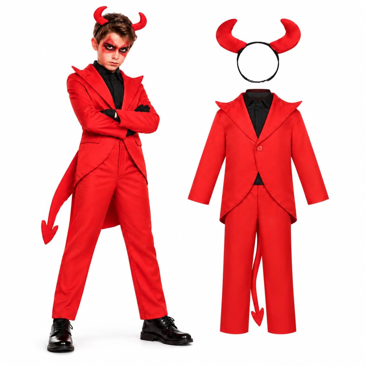 Devil Boys Costume Red Suit with Tailcoat, Pants, and Horns Halloween Costume for Kids