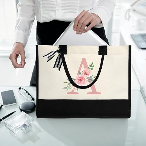 Miniatura 3 de Bolsa de lona con inicial para mujer, bolsa de playa con bolsillo interior con cremallera, regalos personalizados para bodas, cumpleaños