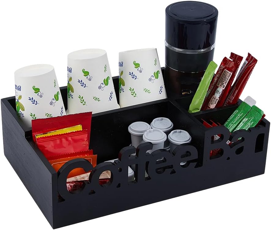 DICOSMETIC 1Pc Coffee Bar Organizer Coffee Station Holder Black Countertop Accessories Organizer Coffees Caddy with Compartments Wood Coffees Pods Holder Storage for Tea Cups Stirrers Kitchen