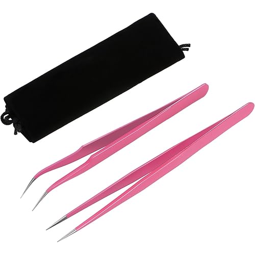 Hotop 2 Pieces Straight and Curved Tip Tweezers Eyelash Extension Tweezers, Stainless Steel False Lash Application Tools (Pink)
