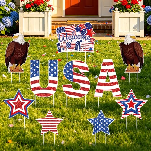 GXGGUS 10Pcs 4th of July Yard Signs Outdoor Decorations Patriotic Yard Signs with 20 Stakes Red White Blue Stars and Stripes for Independence Day Memorial Day Garden Lawn Outdoor Decor