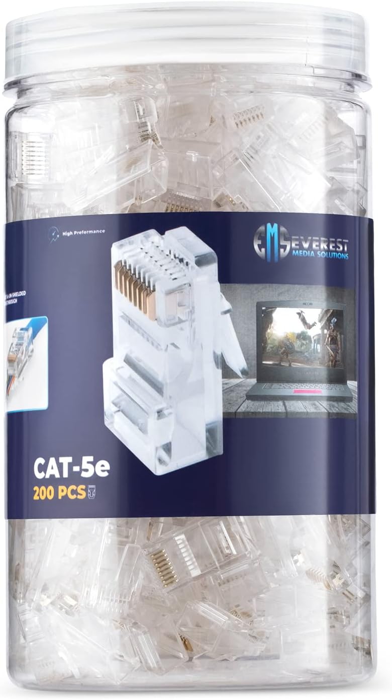 Everest Cat5e RJ45 Pass Through Connector 200-Pack - EZ Cat 5e Pass Through RJ45 Connectors - Cat 5e Connectors - Ethernet Connector, Ethernet Plug - for Solid or Stranded UTP Network Cable