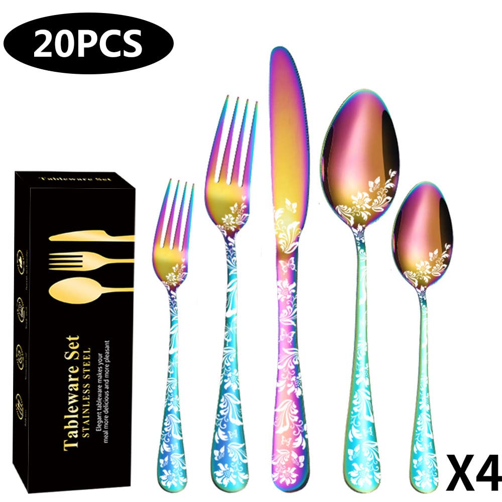 Juego de cubiertos, juego de cubiertos de acero inoxidable, plástico transparente, juego de cuchara, cuchillo y tenedor, juego de vajilla de cubiertos de cocina con estampado moderno galvanizado de 20