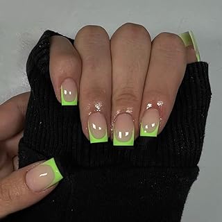 KXAMELIE Neon Green French Tip Press on Nails Short Square Natural Fake Nails For Women Nude Glue on Nails Short Nails Press on Gel Nails Set Reusable Acrylic False Nails For Girls in 24 PCS