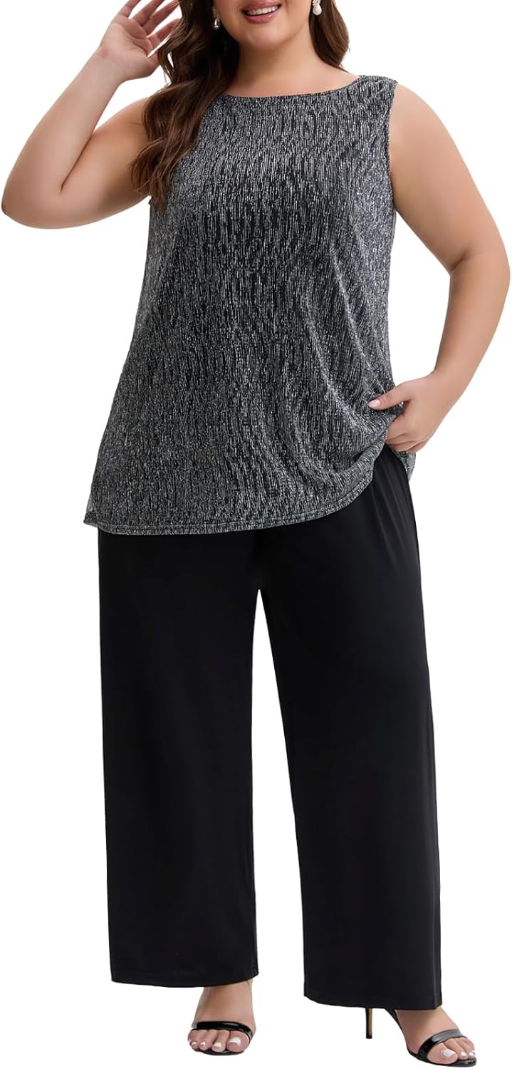 Plus Size Mother of The Bride Pant Suits 3 Piece Elegant Lace Sets Wedding Guest Formal Outfit with Metallic BrightThread - Image 6