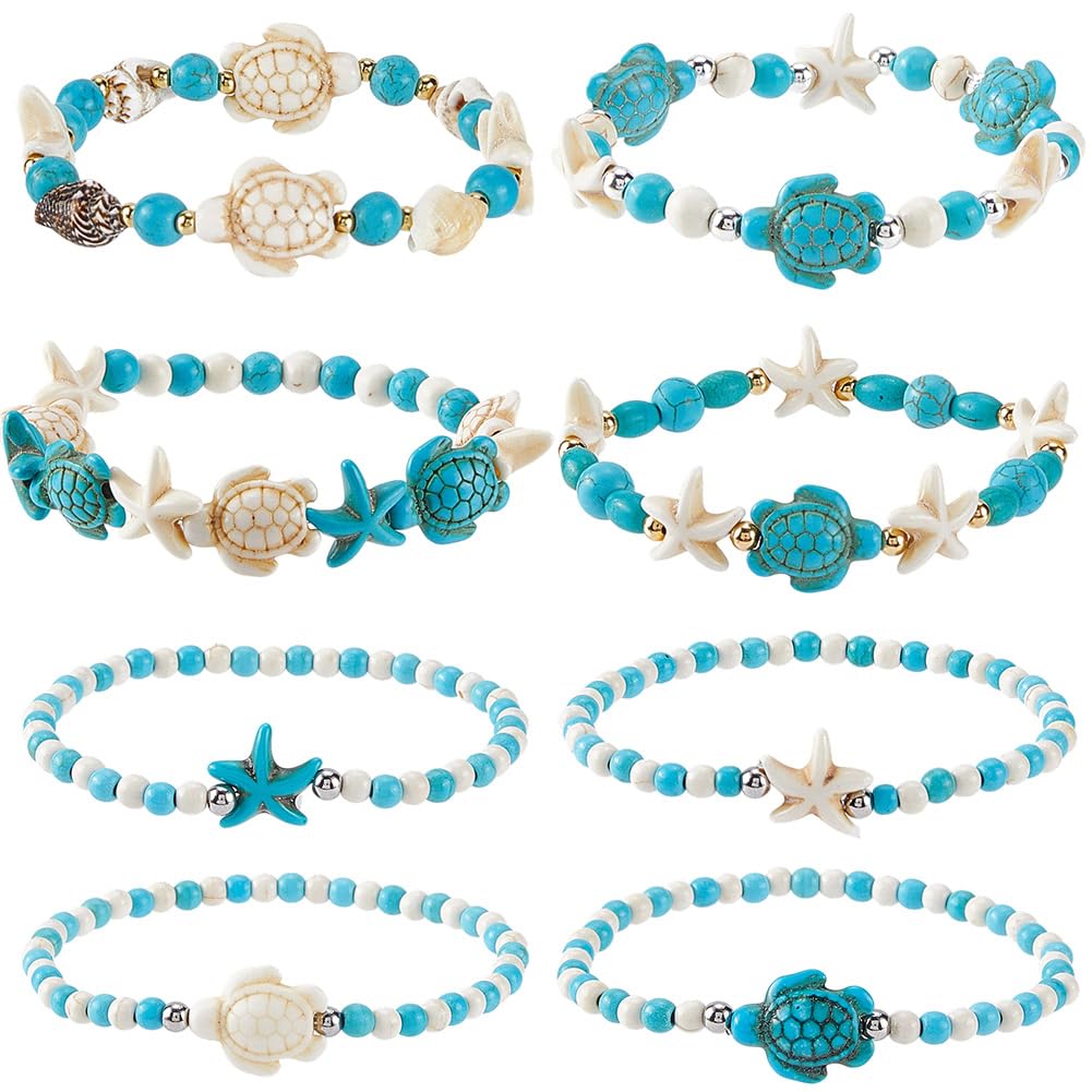 SUNNYCLUE 1 scatola 8 pezzi 5 stili Braccialetti Turchesi per Donne Braccialetti Oceano per Donne Alla Moda Turchese Sintetico Multistrato Bianco Blu Tartaruga Mare Spiaggia Set di Gioielli con Perlin
