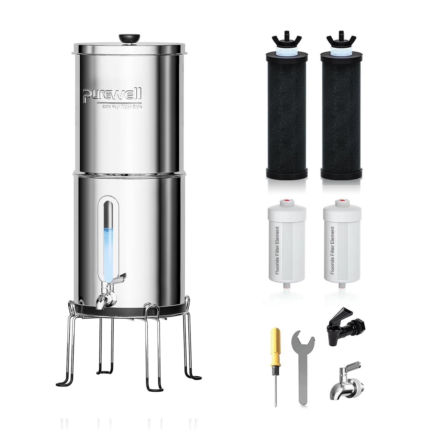 Purewell Schwerkraft-Wasserfilter 8,5L – 8-Stufen-Filtersystem mit 4 Filtern (gegen Fluorid & Chlor) + Wasserstandsanzeige Stromfreier Wasserreiniger für Familie & Notfall – Ideal für Camping