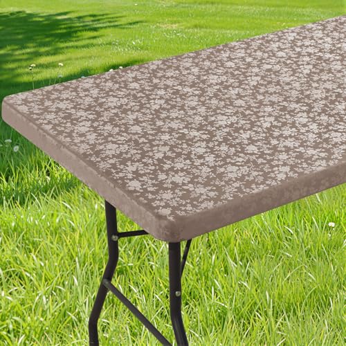 Image of Smiry Heavy Duty Vinyl Fitted Tablecloths for 4 Foot Rectangle Tables | Elastic Waterproof Fitted Tablecloths, Wipeable Washable Table Cover for Kitchen, Dining, Camping (Taupe, 30 inch x 48 inch)