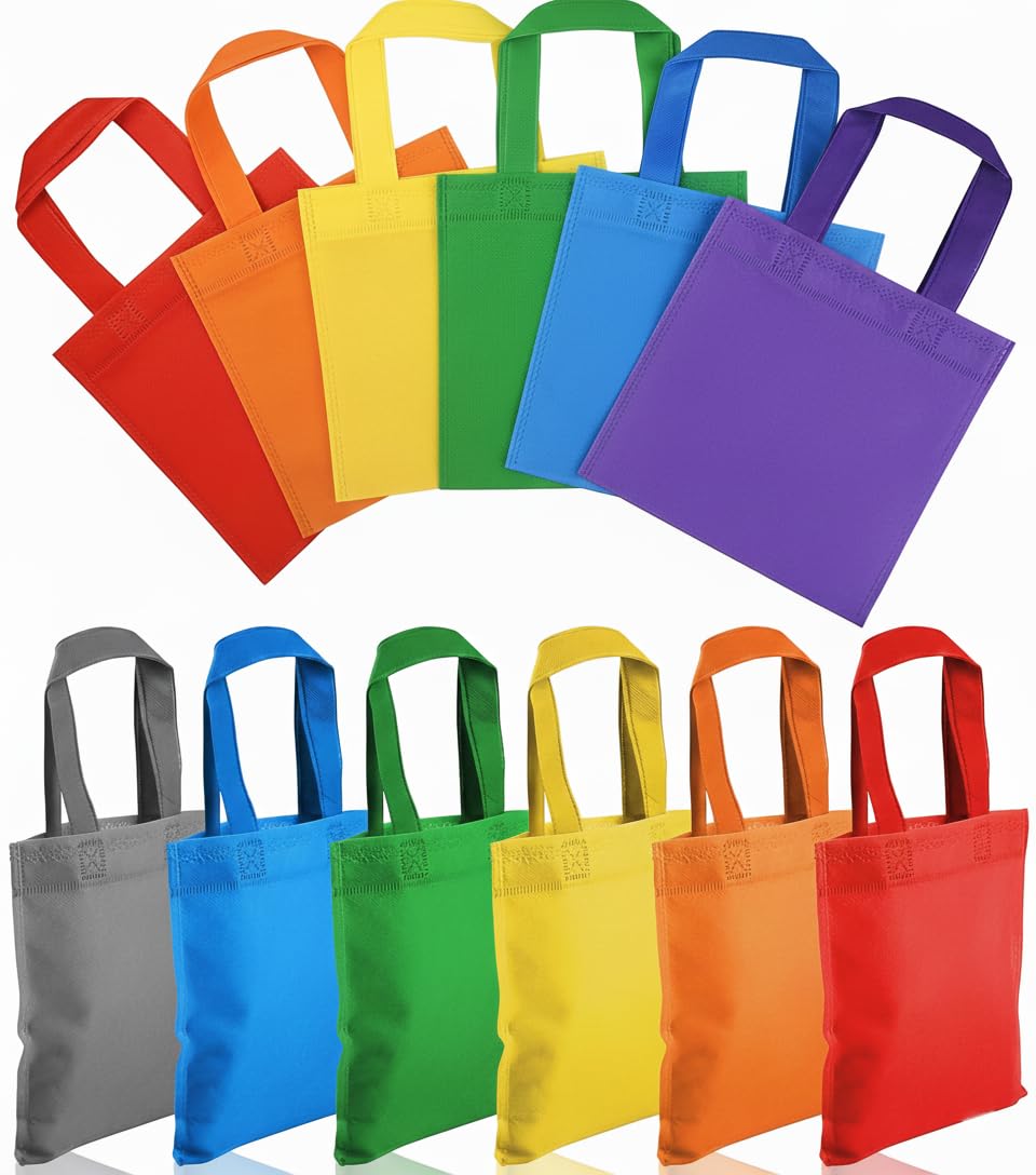 HOT BARGAINS 60 X Fabric Party Bags Treat Tote Bags with Handles with 6 Colours Treat Bags for Kids Party, Baby Shower, Birthday, Halloween, Xmas, Wedding Celebration 10 X 10 Inch