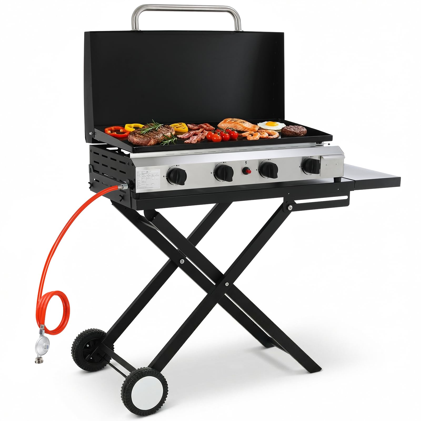 LIFERUN 4 Brenner Gasgrill Edelstahl(9.6kW) inkl. Grilltisch Klappbar, Tragbarer Tischgasgrill mit Separatem Grillständer, Gas Plancha Tischgrill mit Deckel & Grillwagen, für Camping, Terrasse, BBQ