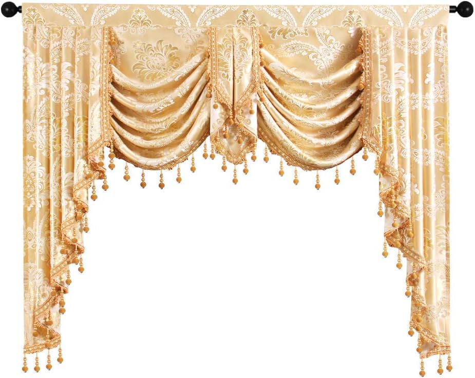 ELKCA Golden Jacquard Swag Waterfall Valance Luxury Curtain Valance for Living Room (Damask-Golden, W59 Inch, 1 Panel)