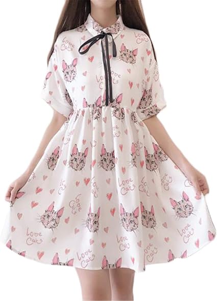 Amazon Co Jp ンーセンー 日系 エレガント ねこ柄 プリント かわいい シャツワンピース ロリータワンピース アレアスーカート レディース ハイウェスト Poloネック ピンクf 服 ファッション小物